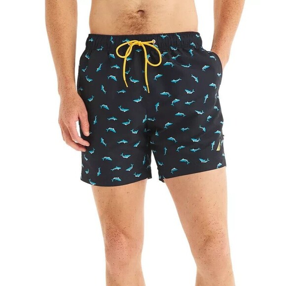 Nautica Men's Shark Week Printed 6" Swim Trunks Navy Blue Swim Shorts XXL - Picture 1 of 8